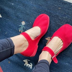 Red Fabric Mary Jane shoes